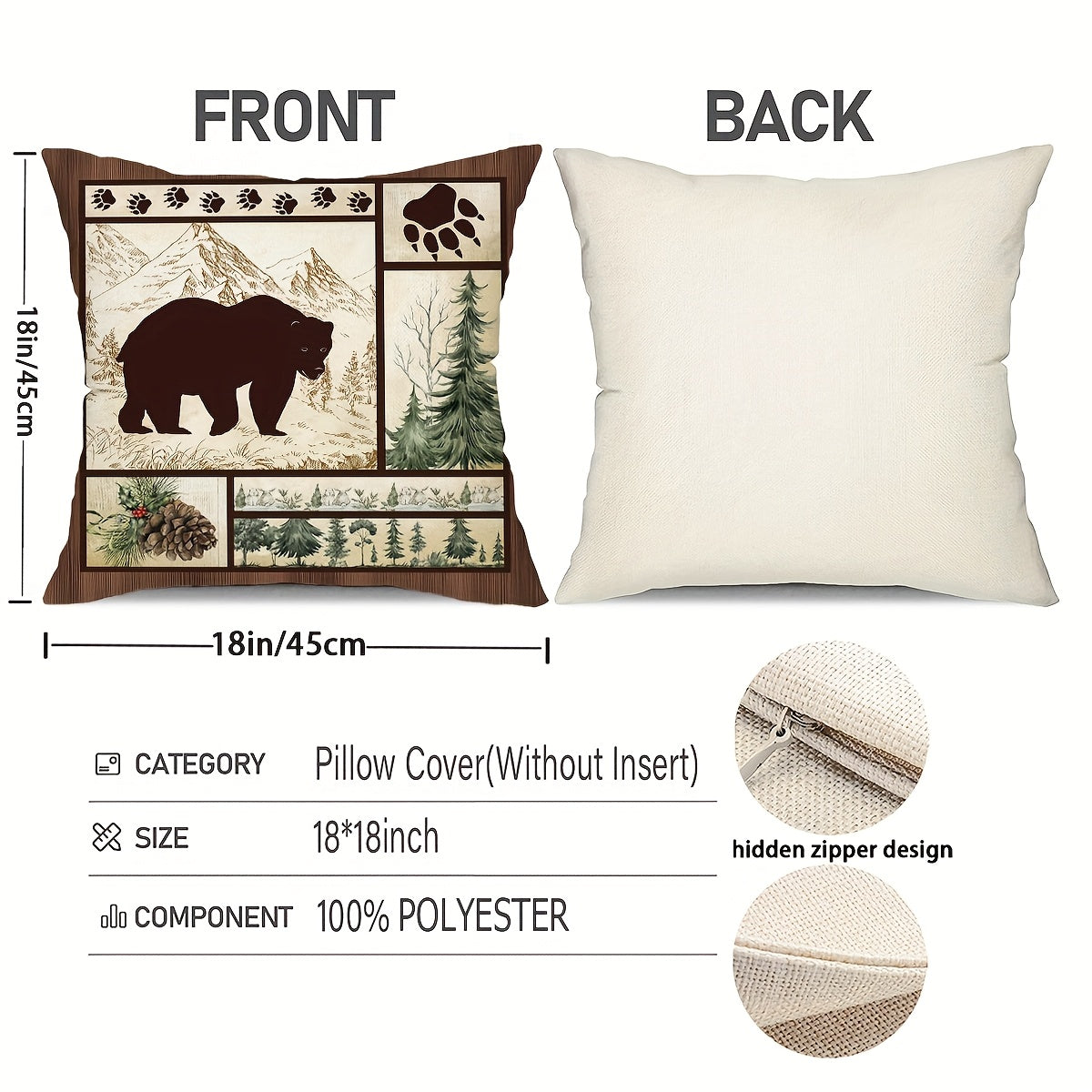 Rustic Bear & Deer Pillow Cover – Deer Facing Left, 18"x18"