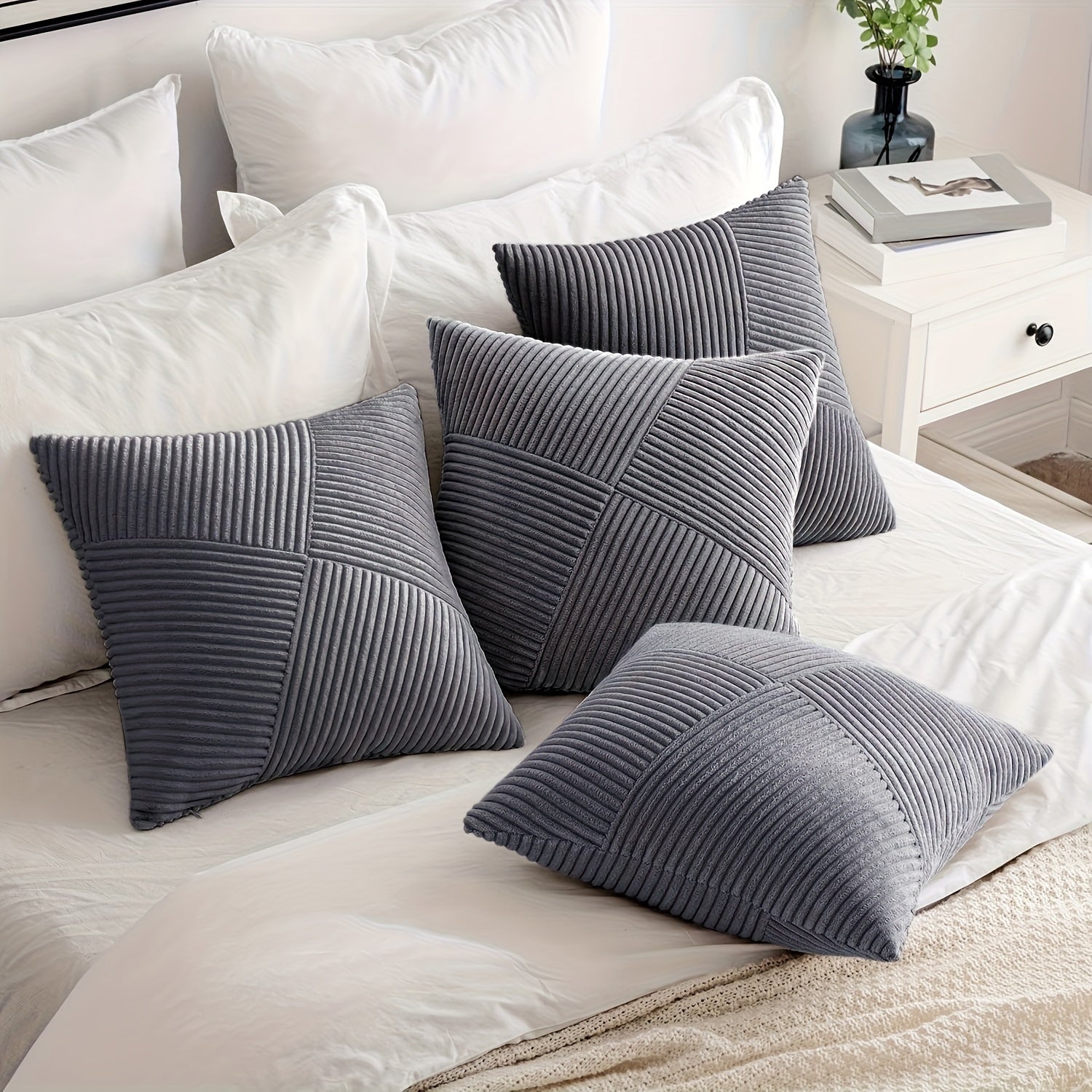Soft 18x18 inch corduroy pillow cover with light and dark gray windmill striped splicing, styled on a sofa for bohemian décor – Coastal Pillows Plus.