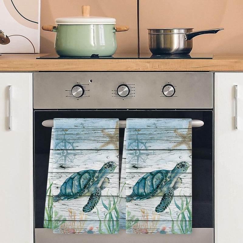 Ocean Sea Turtle Kitchen Towel Set – Coastal Teal Woodgrain, 2-Piece, 18" x 26"