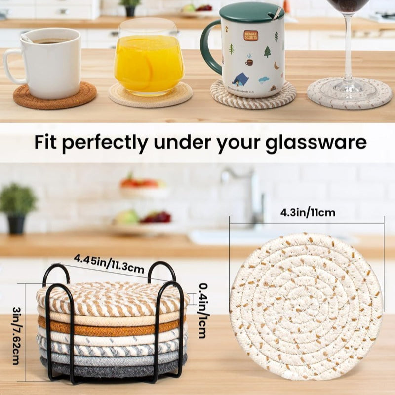 Neutral Woven Coaster Set – Absorbent with Black Holder, 4.3"