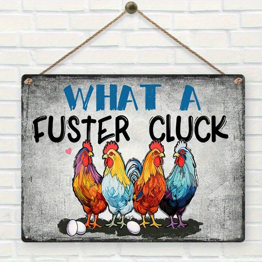 Quirky "What a Fuster Cluck" chicken-themed metal sign for a fun farmhouse décor – 8x12".