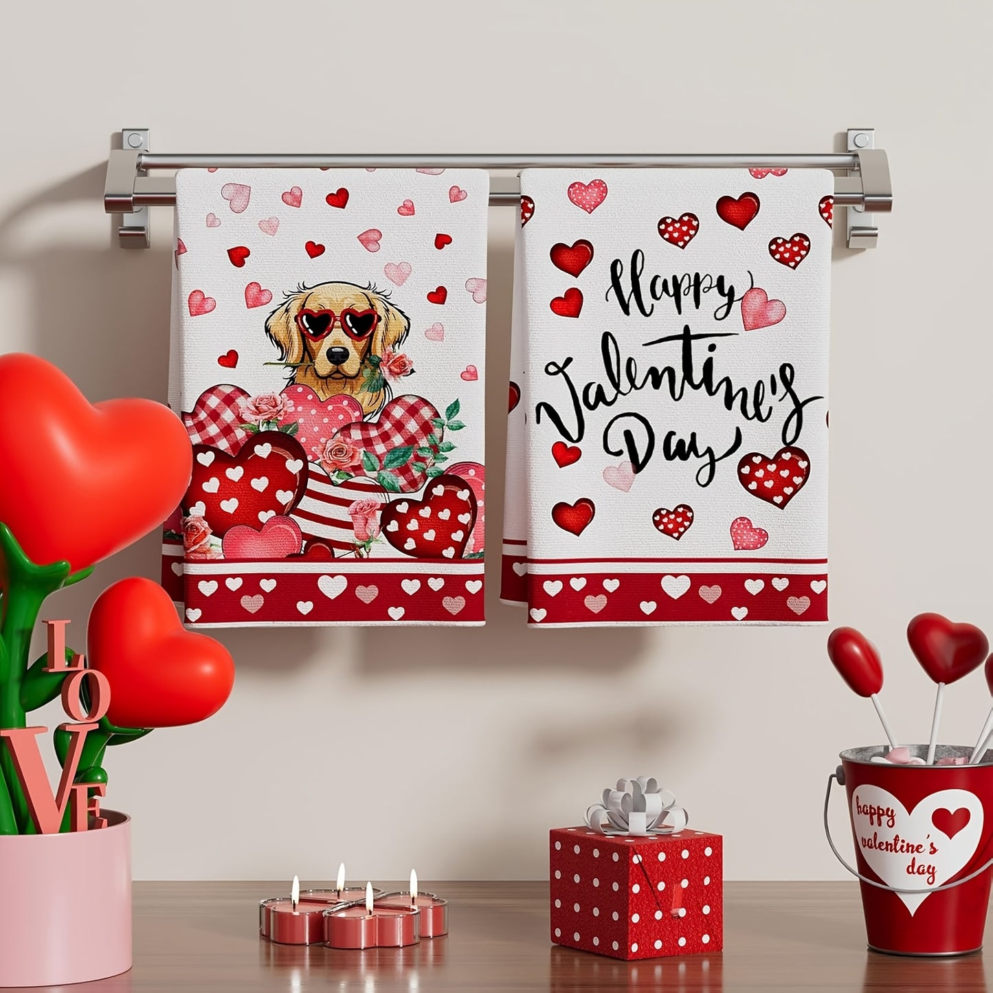 Sweet 8x12 inch polyester Valentine's Day dog kitchen towels with golden retriever in heart sunglasses and roses for pet-friendly décor – Coastal Pillows Plus.