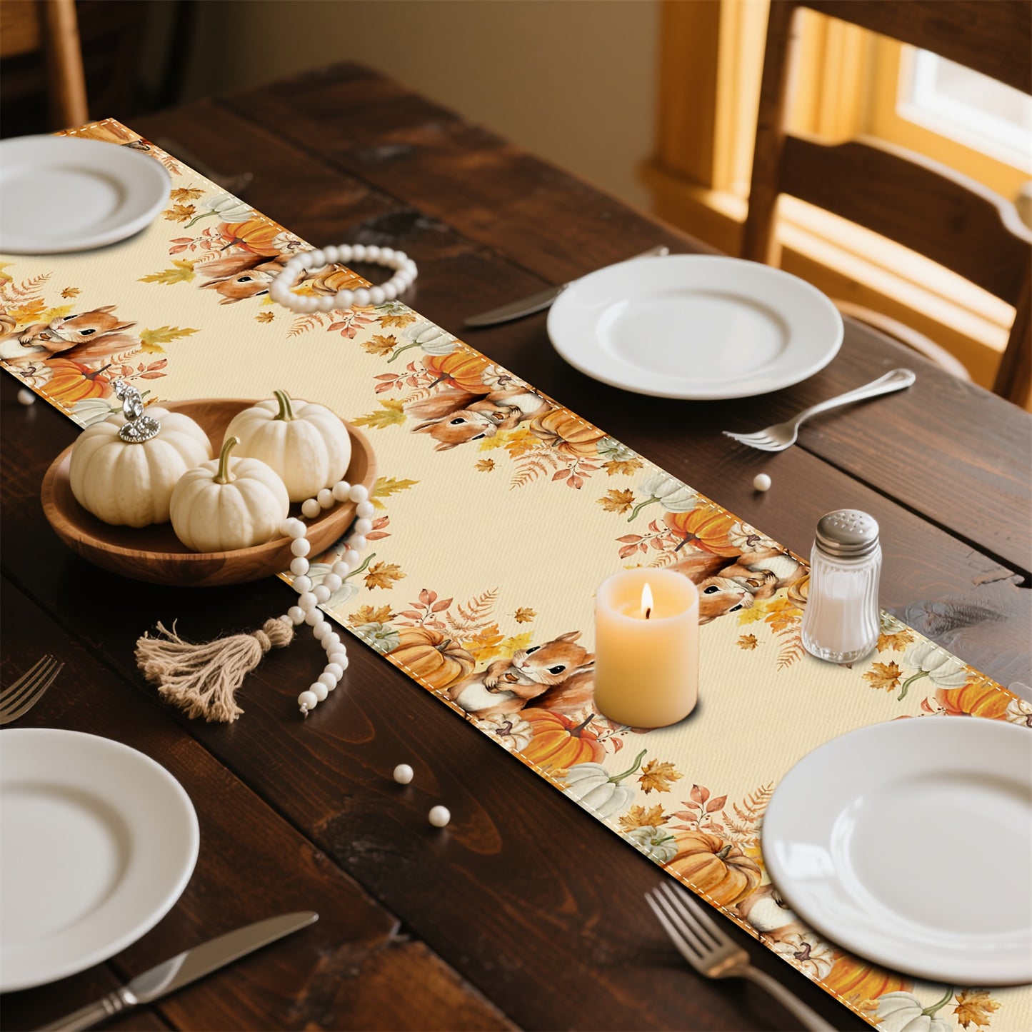 Hand-Painted Autumn Table Runner – Squirrel, Pumpkin & Fall Leaves, 13x72/108"