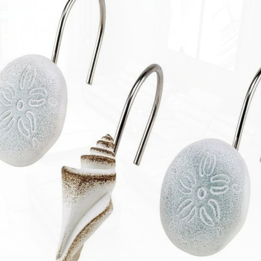 Set of 3 Seashell Shower Curtain Hooks – White & Beige Coastal Design