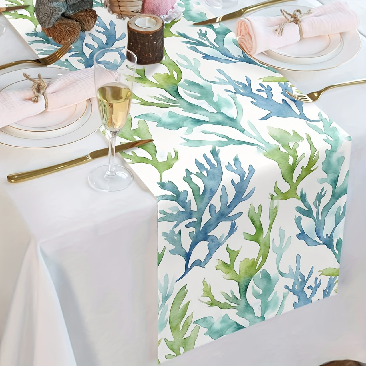 Watercolor Coral Table Runner – Soft Blue Tones, 13" x 48" / 13" x 72"
