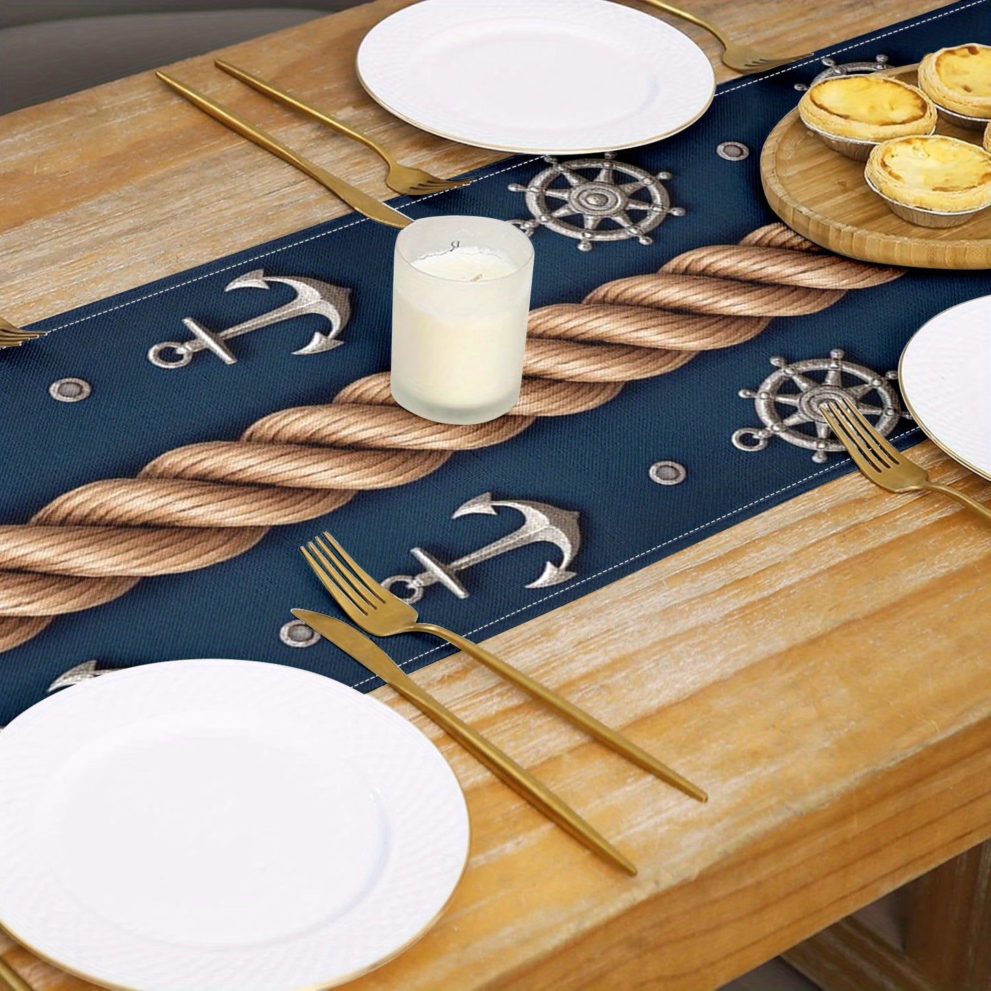 Nautical Table Runner – Navy with Golden Rope, Ship Wheel & Anchor Design, 12.99 x 72.05"