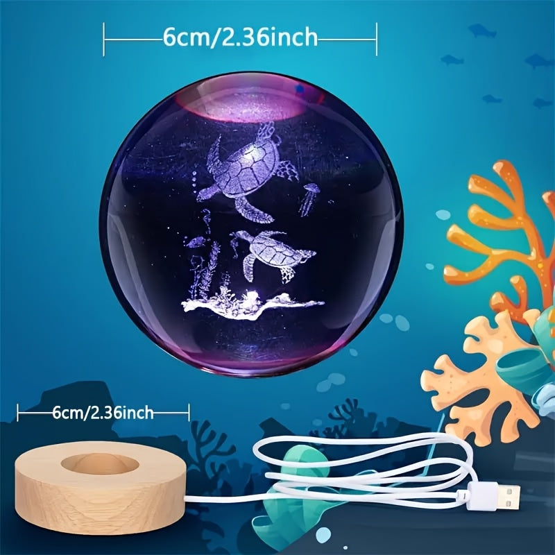 3D Turtle Crystal Ball LED Lamp – 16-Color USB Glass Sphere, 2.36"