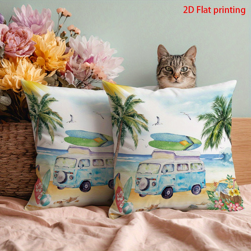 Vintage Beach Scene Throw Pillow Cover – Surfboard, Palm Trees & Blue Van Design, 18x18"