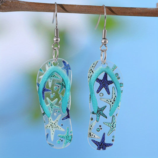 Ocean Style Teal Flip Flop & Starfish Drop Earrings – Summer Vacation Jewelry with Stainless Steel Posts