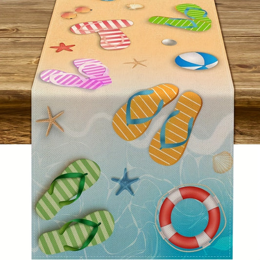 Beach Table Runner – Flip-Flop, Beach Ball & Starfish Design, 13x36", 100% Polyester