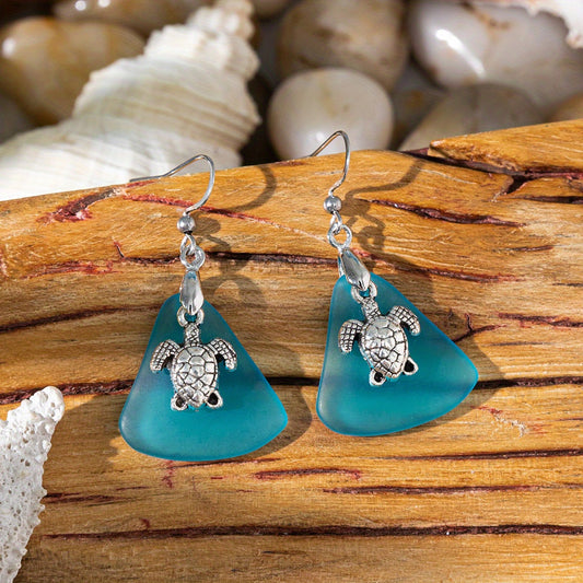 Bohemian Sea Glass Earrings with Starfish or Turtle Charms – Lightweight Beach Jewelry for Women