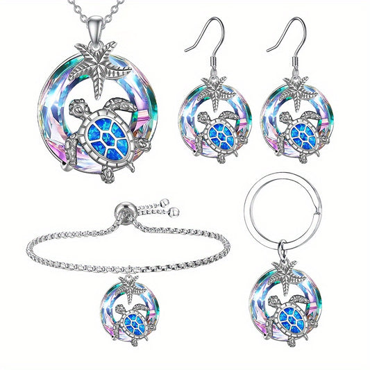 Sea Turtle & Starfish 5-Piece Jewelry Set – Necklace, Earrings, Bracelet & Keychain