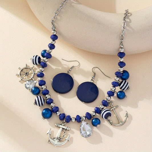 3-Piece Navy Blue Acrylic Jewelry Set – Pendant Necklace with Ship Wheel & Anchor Charms & Earrings