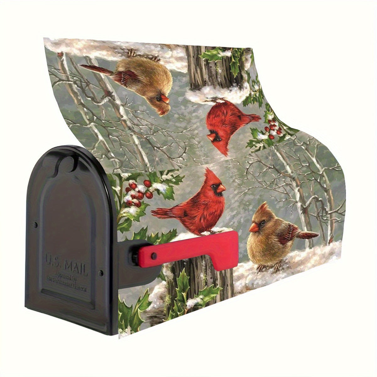 Serene 18x21 inch magnetic mailbox cover featuring a male and female cardinal on snow-covered stumps with holly berries for winter décor – Coastal Pillows Plus.