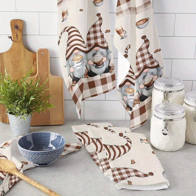 Soft 16x24 inch microfiber kitchen towels featuring three gnomes with coffee cups on brown-and-white buffalo plaid, styled in a farmhouse kitchen for farmhouse décor – Coastal Pillows Plus