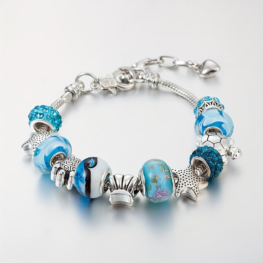 Starfish & Sea Turtle Beads with Synthetic Stones - Charm Bracelet