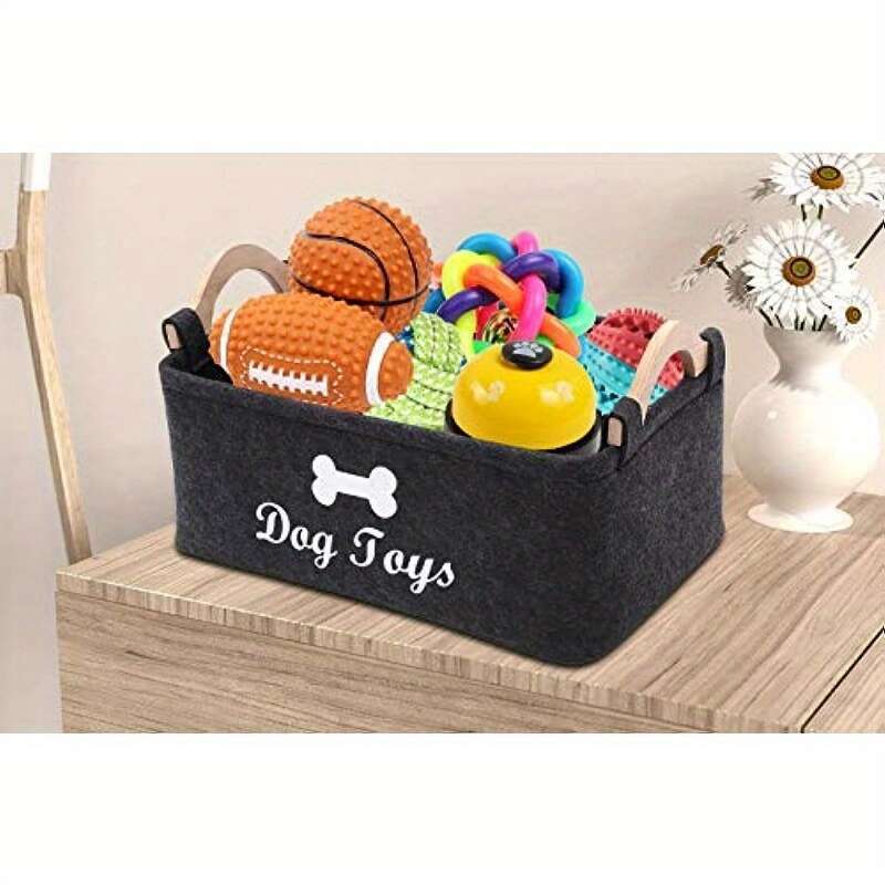 Dog Toys Storage Bin with Wooden Handles – Durable Black Felt Organizer Chest (7"x15"x10")