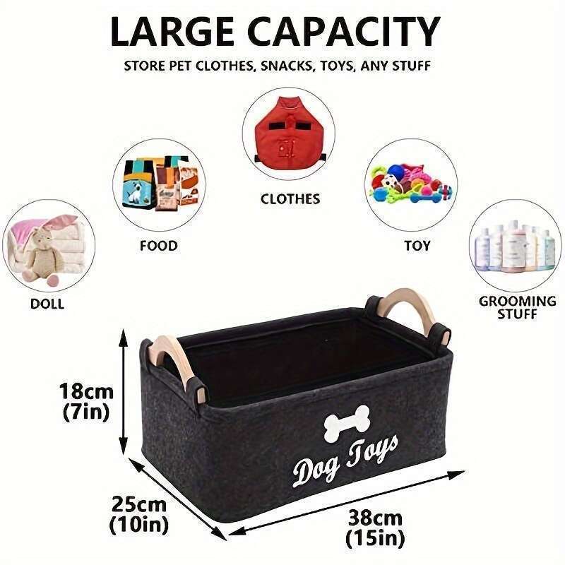 Dog Toys Storage Bin with Wooden Handles – Durable Black Felt Organizer Chest (7"x15"x10")