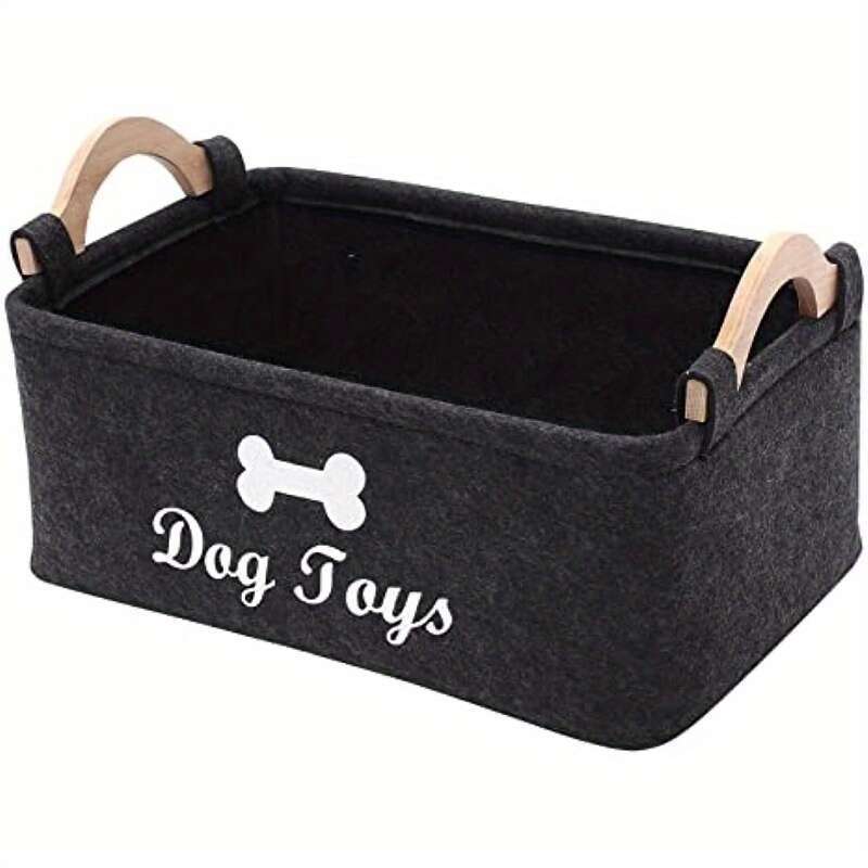 Dog Toys Storage Bin with Wooden Handles – Durable Black Felt Organizer Chest (7"x15"x10")
