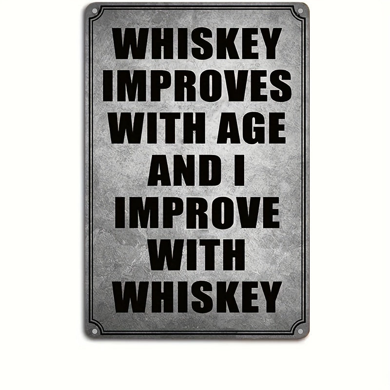 Spirited "Whiskey Improves with Age" vintage metal sign for a classic home bar décor – 8x12".