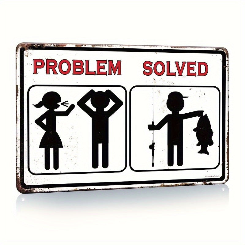 Witty "Fishing Problem Solved" vintage metal sign for a charming lake house or cabin décor – 8x12".