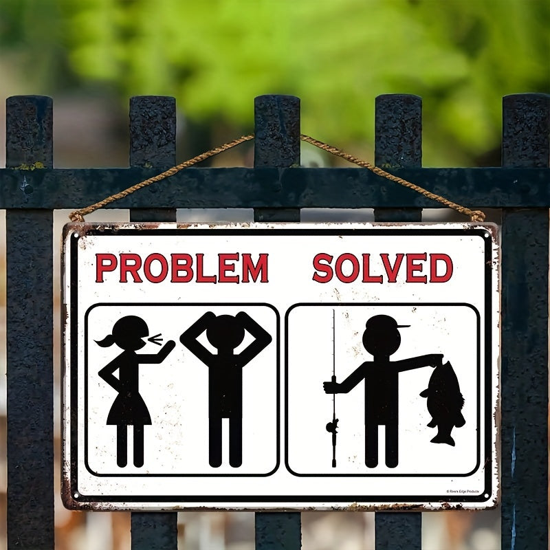 Witty "Fishing Problem Solved" vintage metal sign for a charming lake house or cabin décor – 8x12".