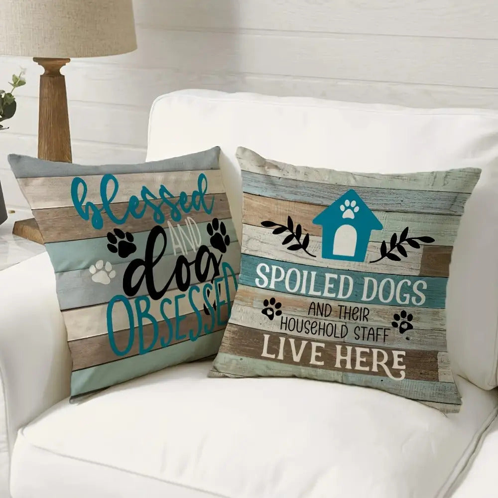Whimsical 20x20 inch dog-themed pillow covers with four unique personality quotes on a faux wood-grain background for coastal décor - Coastal Pillows Plus