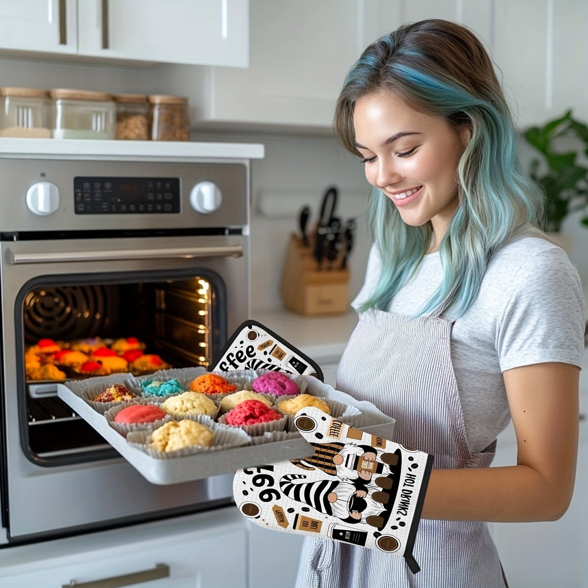 Whimsical Gnome Coffee-Themed Oven Mitt & Pot Holder Set – Heat-Resistant