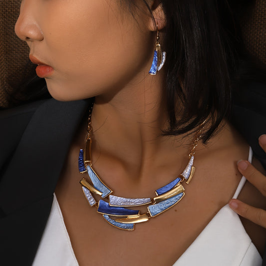 Geometric Link Necklace & Earrings Set – 3-Piece Vintage Bohemian Jewelry