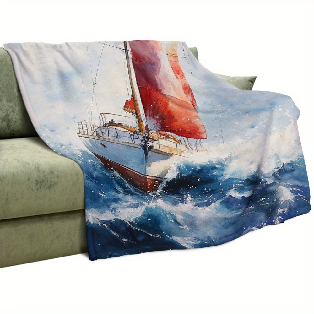 Serene Watercolor Sailboat Flannel Throw Blanket - Artistic Blue Sailing Scene, 50"x60" Soft Cozy Wrap - Coastal Pillows Plus