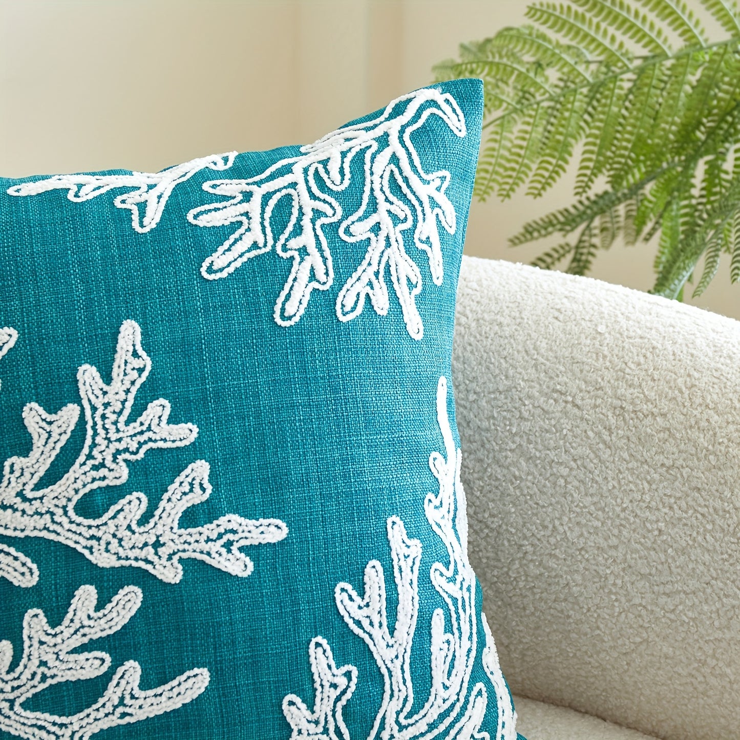 Coral Embroidered Pillow Cover – 18x18 Inch Teal Coastal Accent