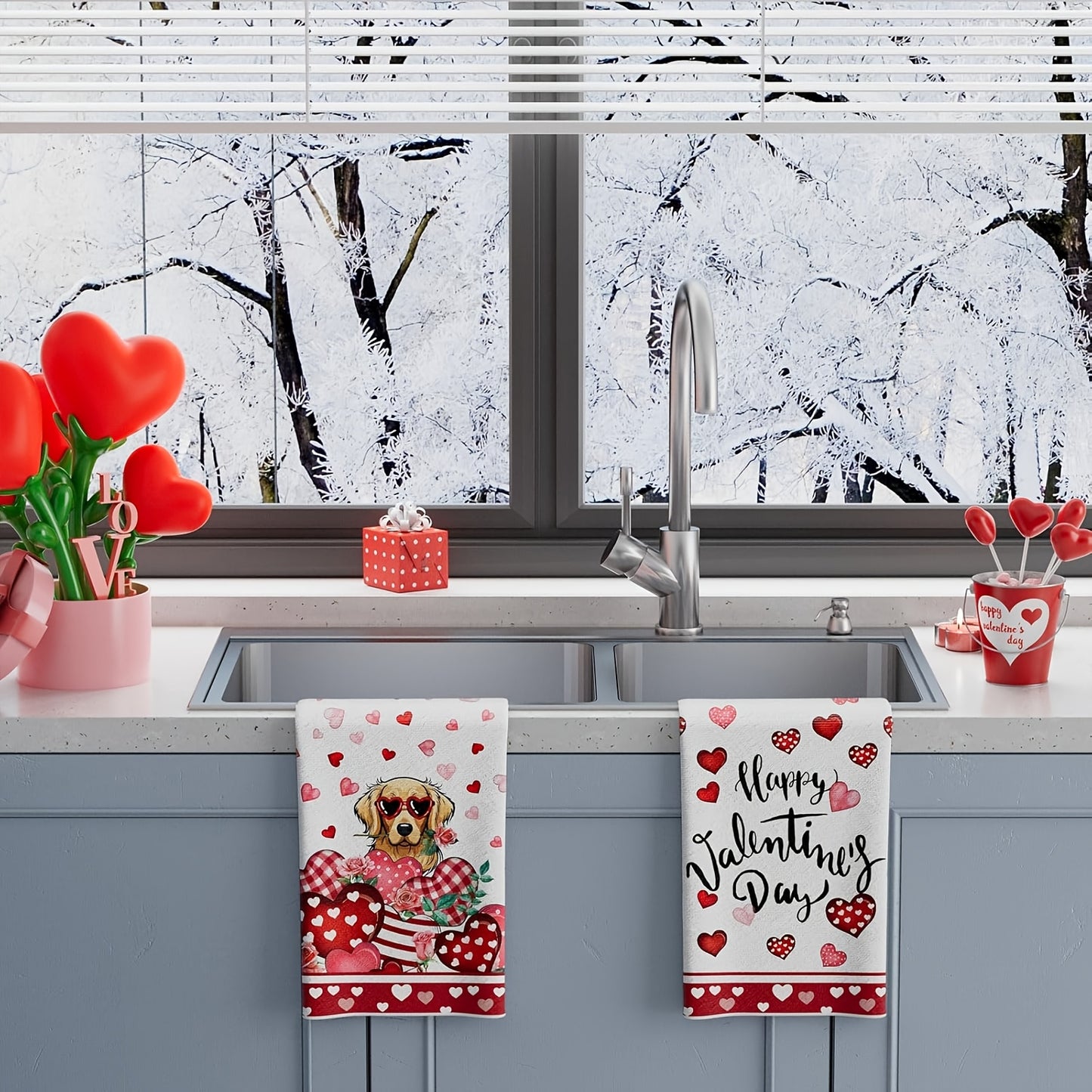 Sweet 8x12 inch polyester Valentine's Day dog kitchen towels with golden retriever in heart sunglasses and roses for pet-friendly décor – Coastal Pillows Plus.
