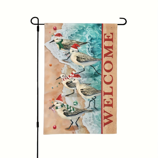 Welcome Christmas Garden Flag – Santa Hat Birds Design, 12x18 Inches