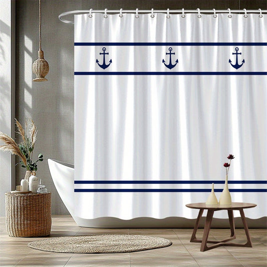 Nautical Anchor Shower Curtain – Dark Navy & White, 70.86 x 70.86", Includes 12 Hooks