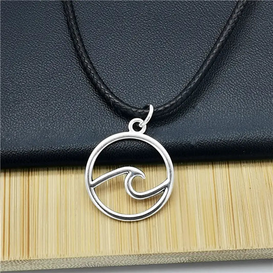 Leather Rope Round Sea Ocean Wave Pendant