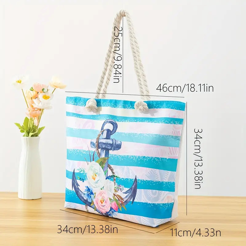 Flower & Anchor Blue Stripe Tote Bag