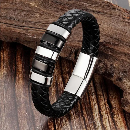 Silver and Black Leather Bracelet