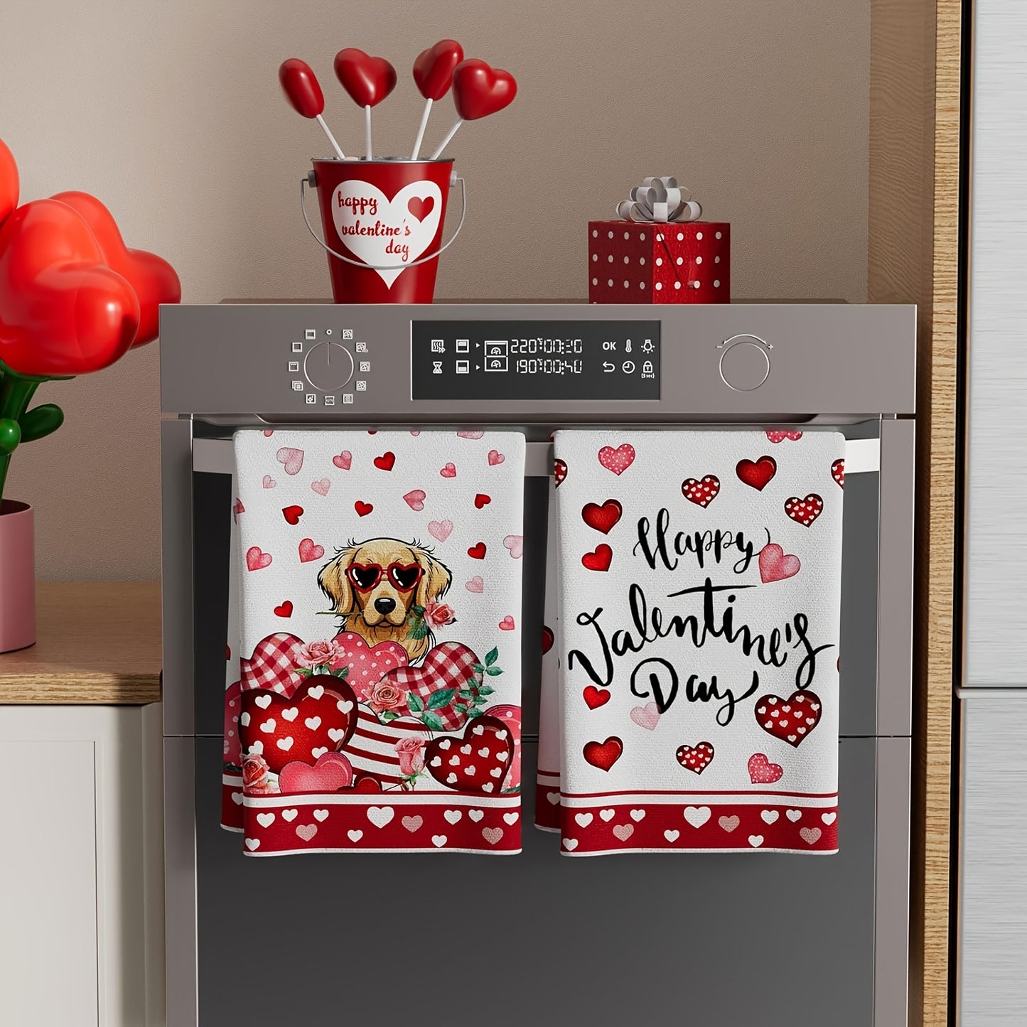 Sweet 8x12 inch polyester Valentine's Day dog kitchen towels with golden retriever in heart sunglasses and roses for pet-friendly décor – Coastal Pillows Plus.