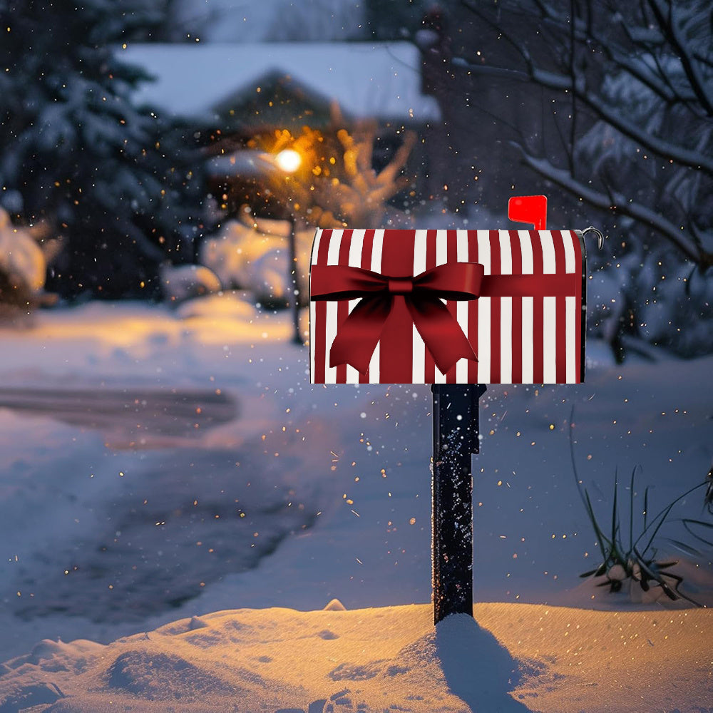 Holiday Mailbox Cover – Red & White Striped Bow Design, 21x18" - Coastal Pillows Plus