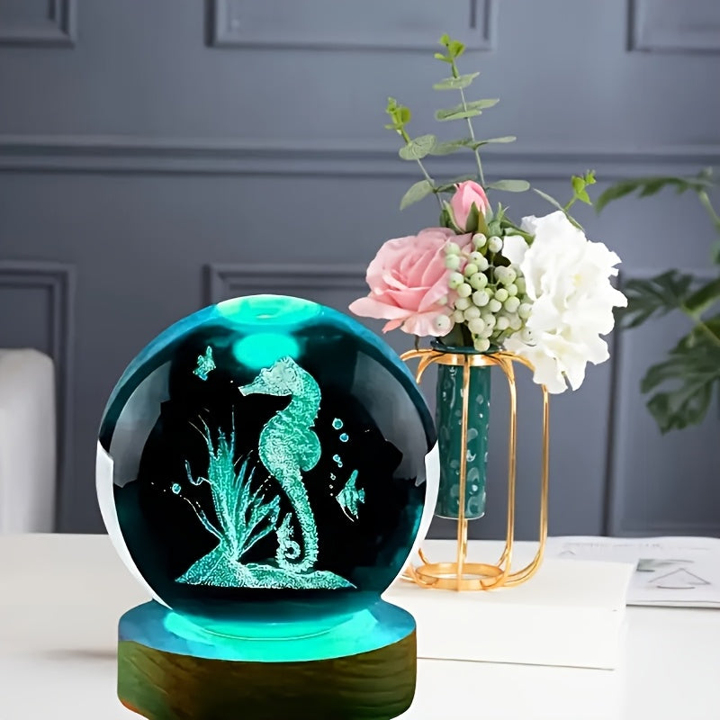 3D Seahorse Crystal Night Light – Color-Changing LED with Bamboo Base, 2"x3"