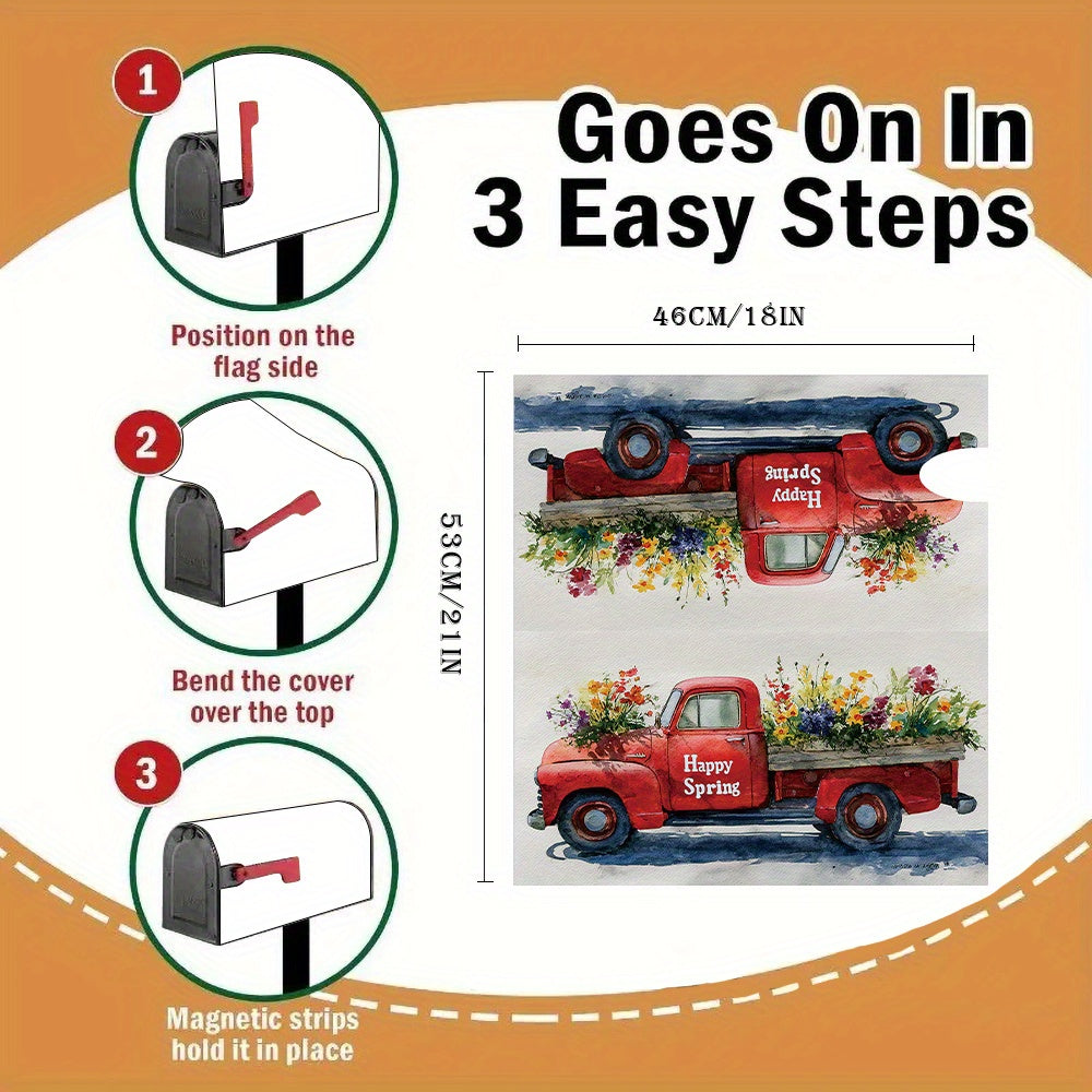 Farmhouse Red Truck “Happy Spring” Mailbox Cover – Magnetic, 18" x 21"