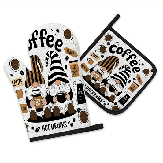 Whimsical Gnome Coffee-Themed Oven Mitt & Pot Holder Set – Heat-Resistant