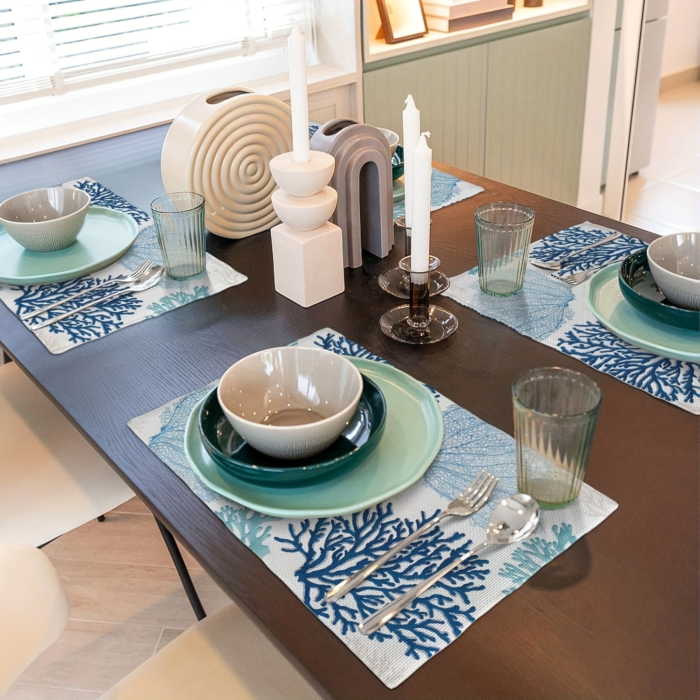 Set of 4 Blue Turquoise Coral Placemats, 12x18" – Coastal Charm for Every Table