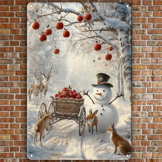 Winter Scene Vertical Tin Sign – Snowman & Forest Animals, 7.9x11.8"