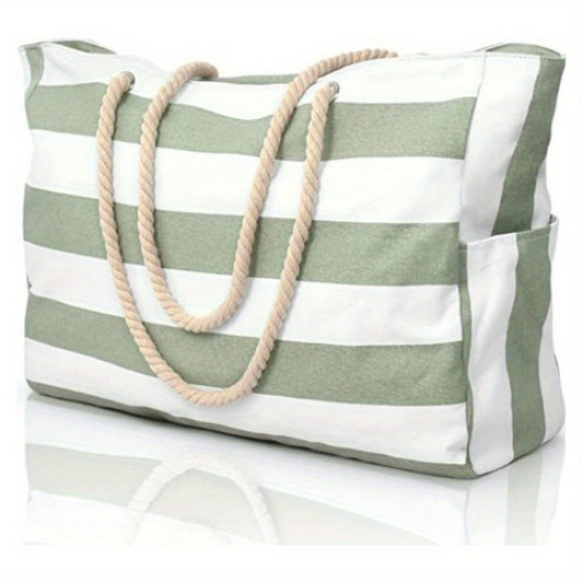 Green and White Striped Lightweight Foldable Beach Tote