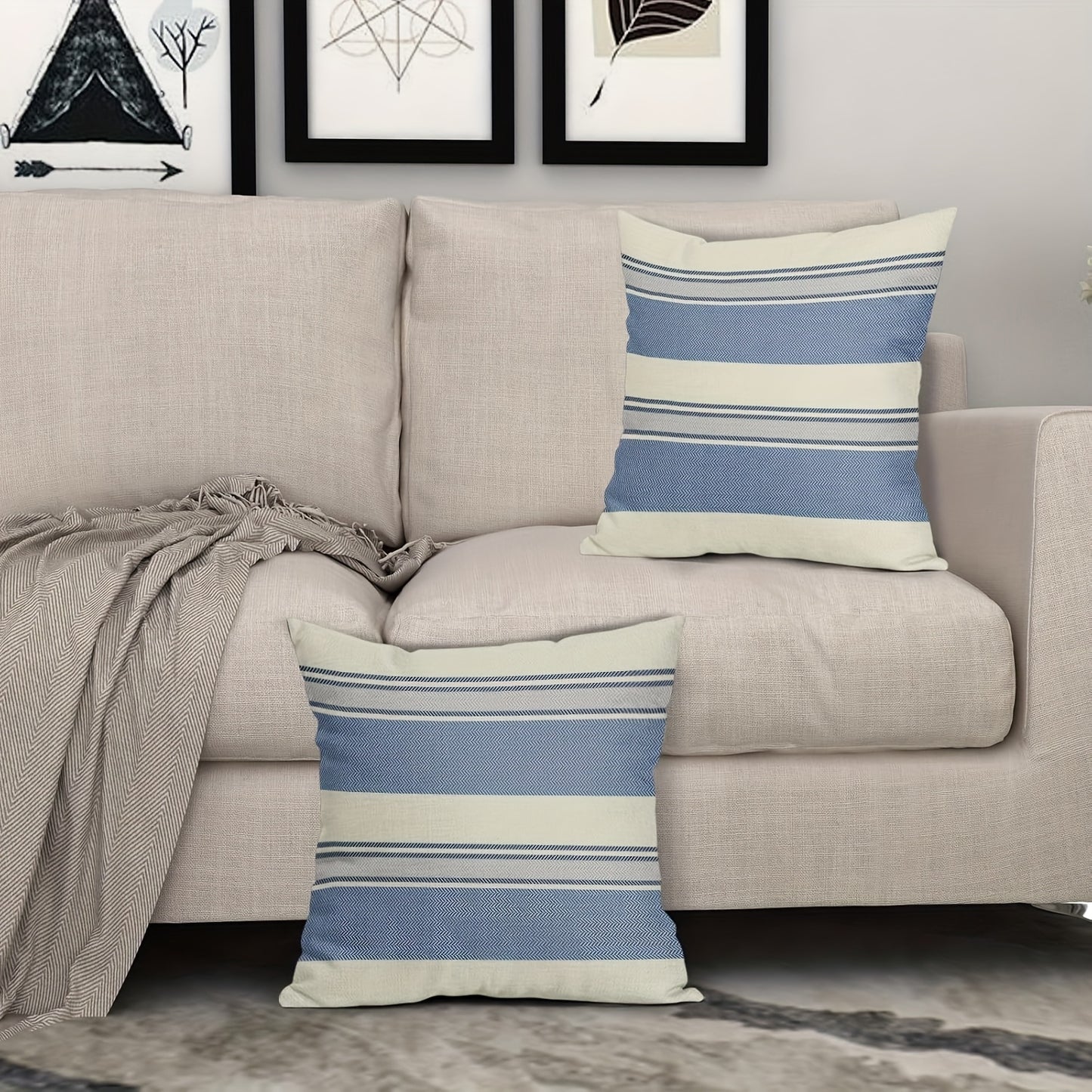 Blue & Gray Striped Linen Pillow Cover – Farmhouse Style, 18" x 18"