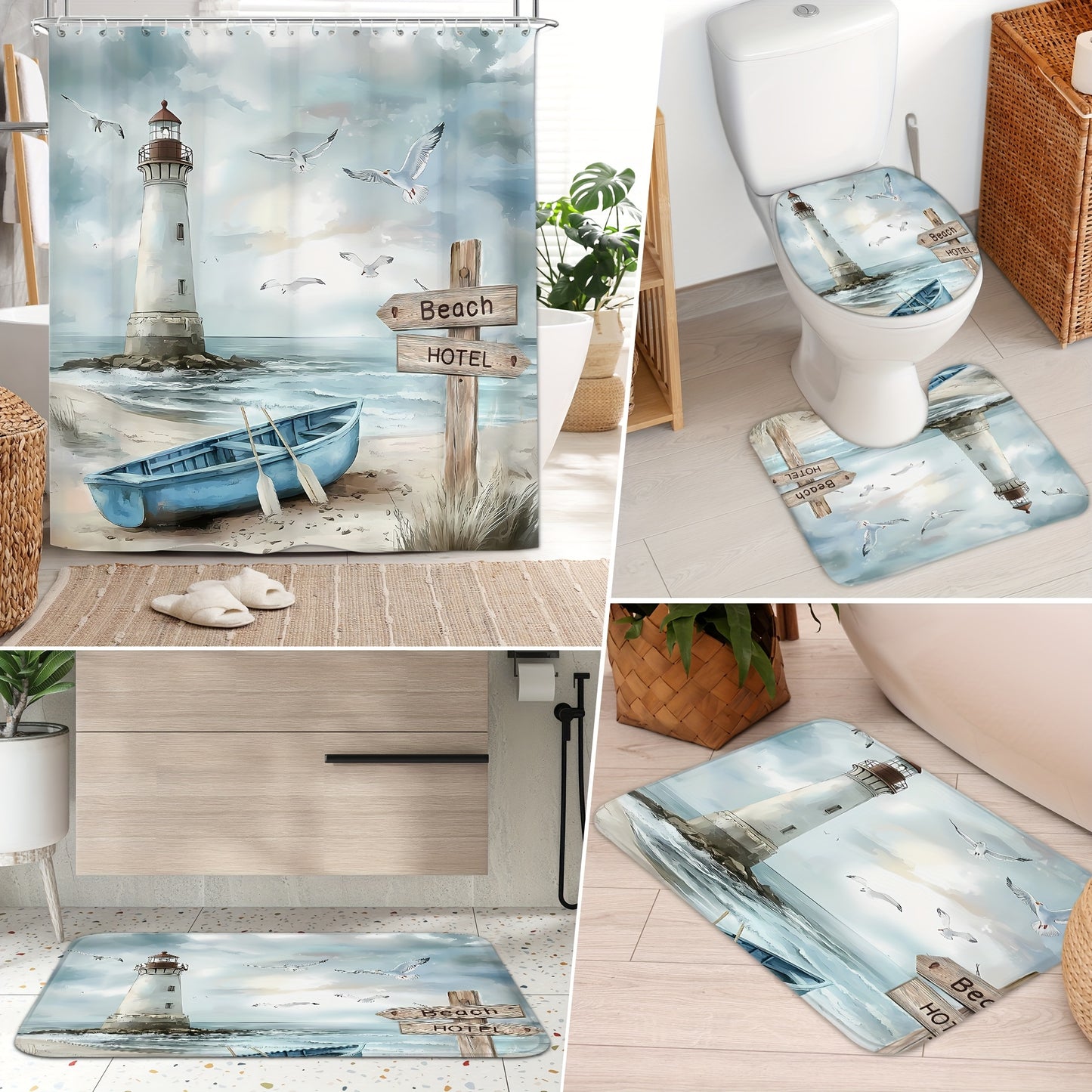 Illustrated Lighthouse & Rowboat Shower Curtain Set (4-Piece) – Soft Blue & Neutral