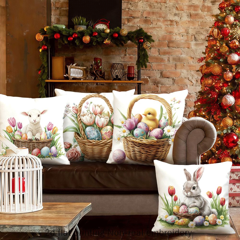 Heritage Spring Pillow Cover Collection – Bunny, Lamb & Chick, 18"x18"