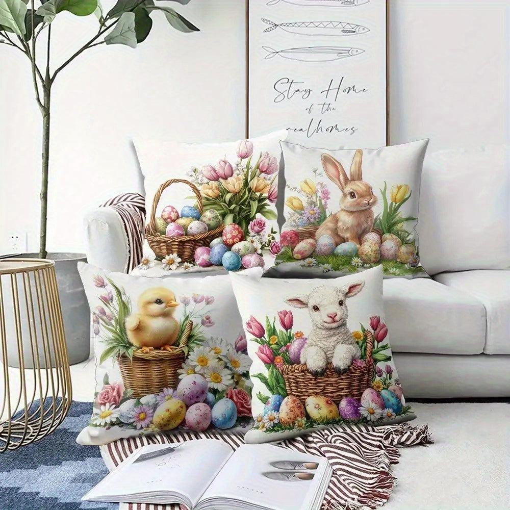 Enchanting 16x16 inch Easter pillow cover featuring watercolor bunny, chick, and lamb illustrations with spring florals for festive décor – Coastal Pillows Plus.