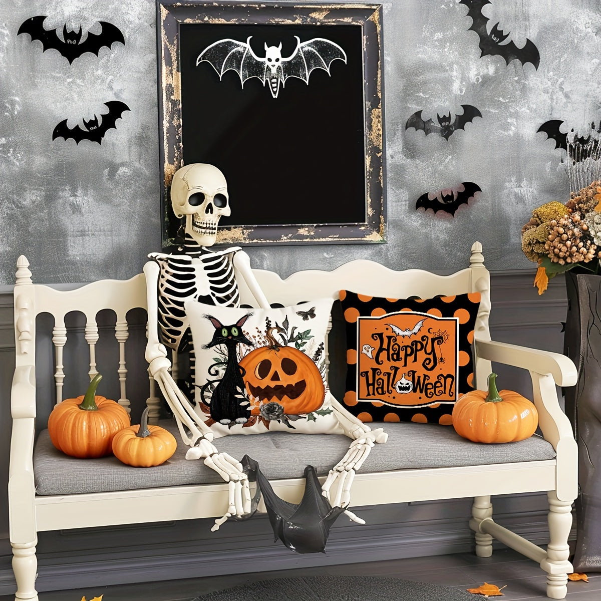 Halloween Cat & Pumpkin Throw Pillow Covers – 18x18" Orange & Black